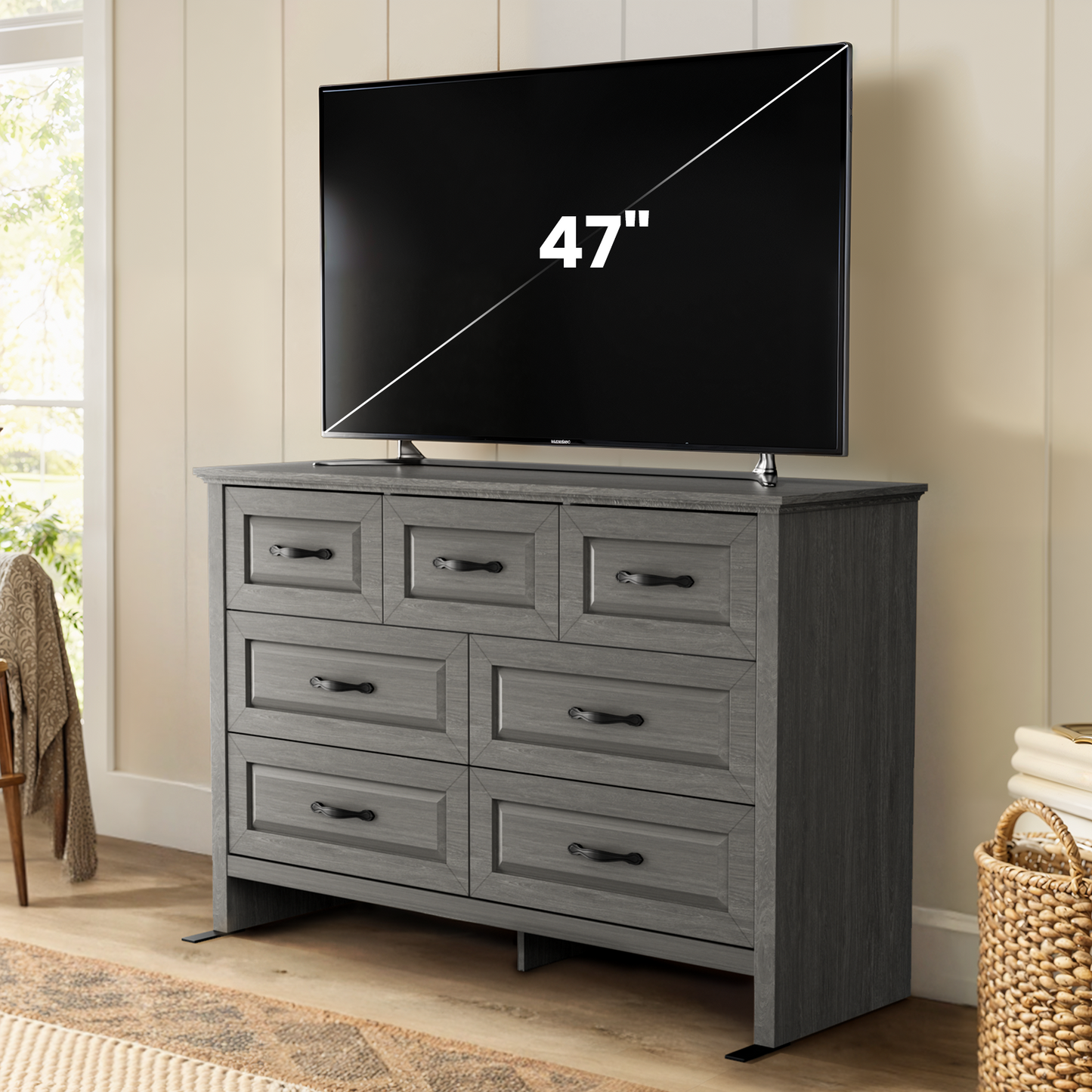Farmhouse 7 Drawer Double Dresser for Bedroom, 47.2"W Contemporary Wood Chest of Drawer Storage Cabinet for Living Room, Hallway, Entryway, Nursery Room, Gray