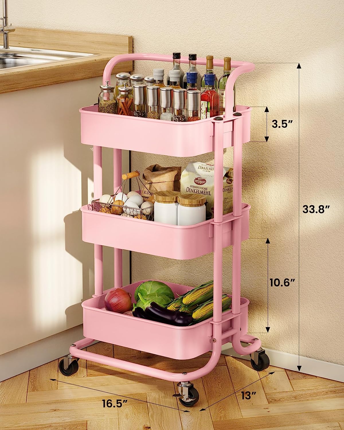 3-Tier Metal Rolling Cart Utility Cart Storage Cart with Lockable Wheels for Kitchen Bathroom Office(Pink)
