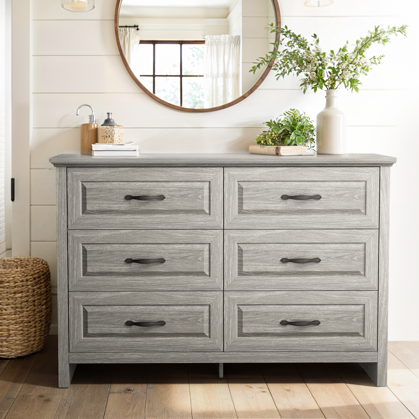 Farmhouse 6 Drawer Dresser for Bedroom, 47.2" Wide Double Dresser with Large Drawers, Wooden Chest of Drawers for Living Room, Hallway, Entryway, Nursery Room, Gray