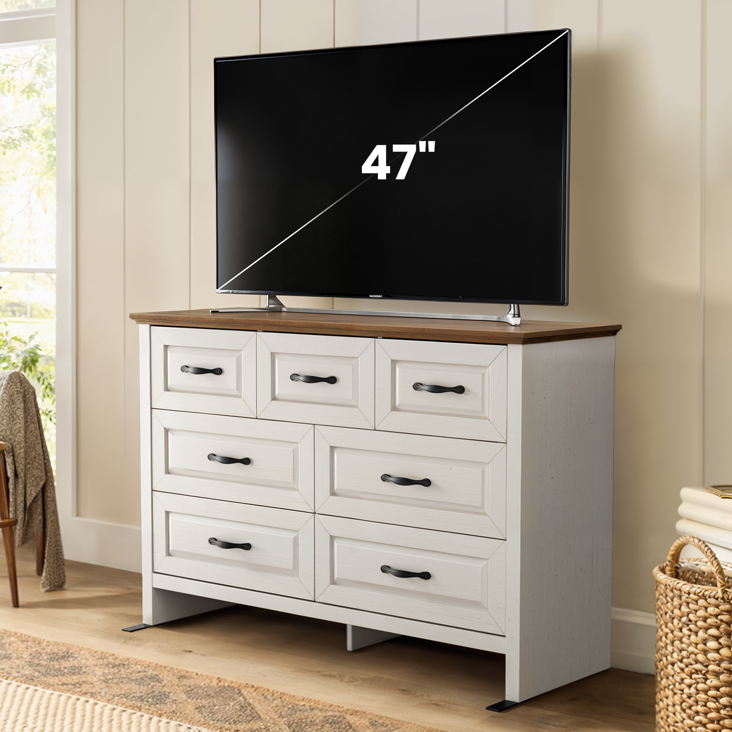Farmhouse 7 Drawer Double Dresser for Bedroom, 47.2"W Contemporary Wood Chest of Drawer Storage Cabinet for Living Room, Hallway, Entryway, Nursery Room, White & Brown