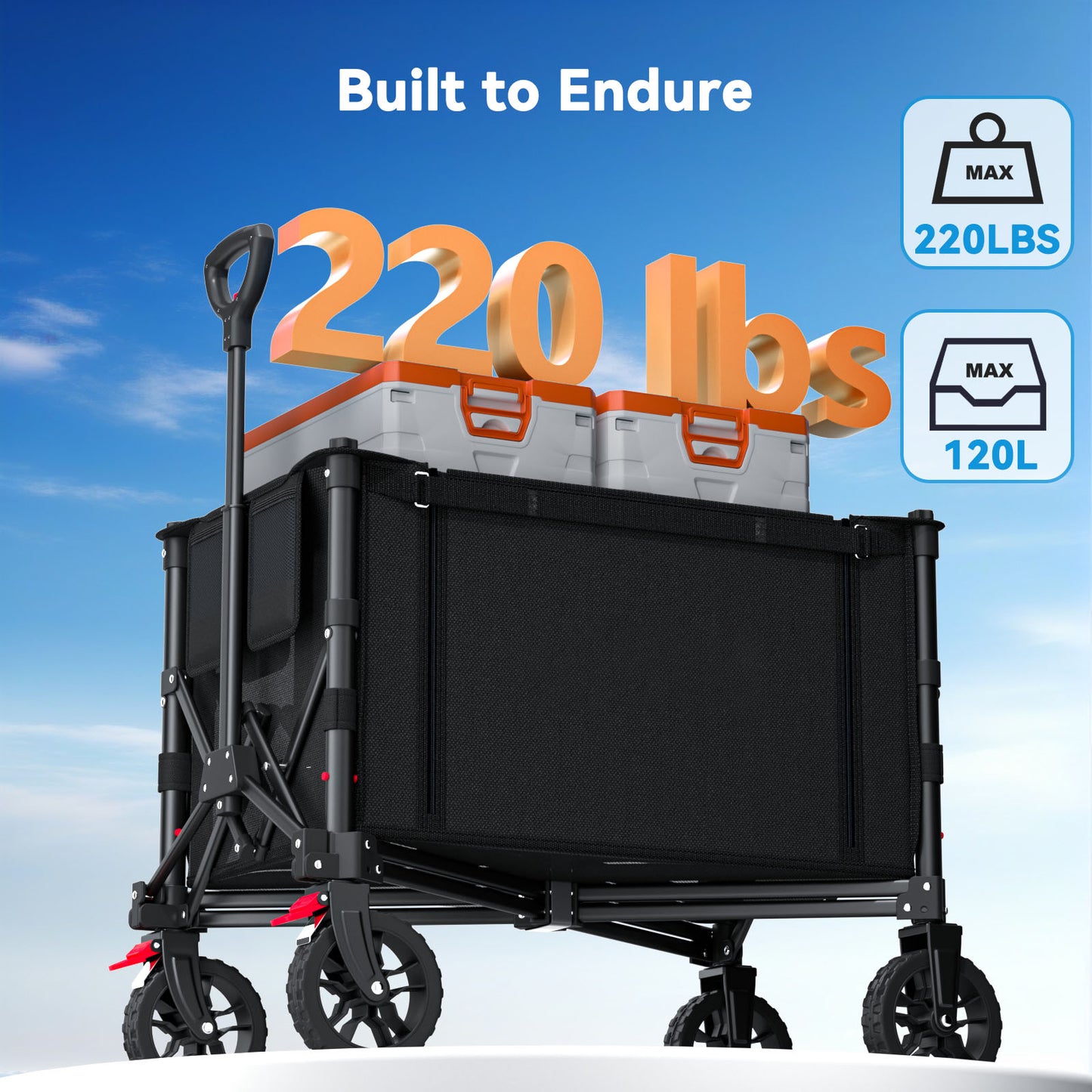 Foldable Wagon with Expandable Storage Space & Locking Front Wheels, Portable Collapsible Wagon Cart with 2 Cup Holder for Groceries, Camping, Shopping, Garden, Beach