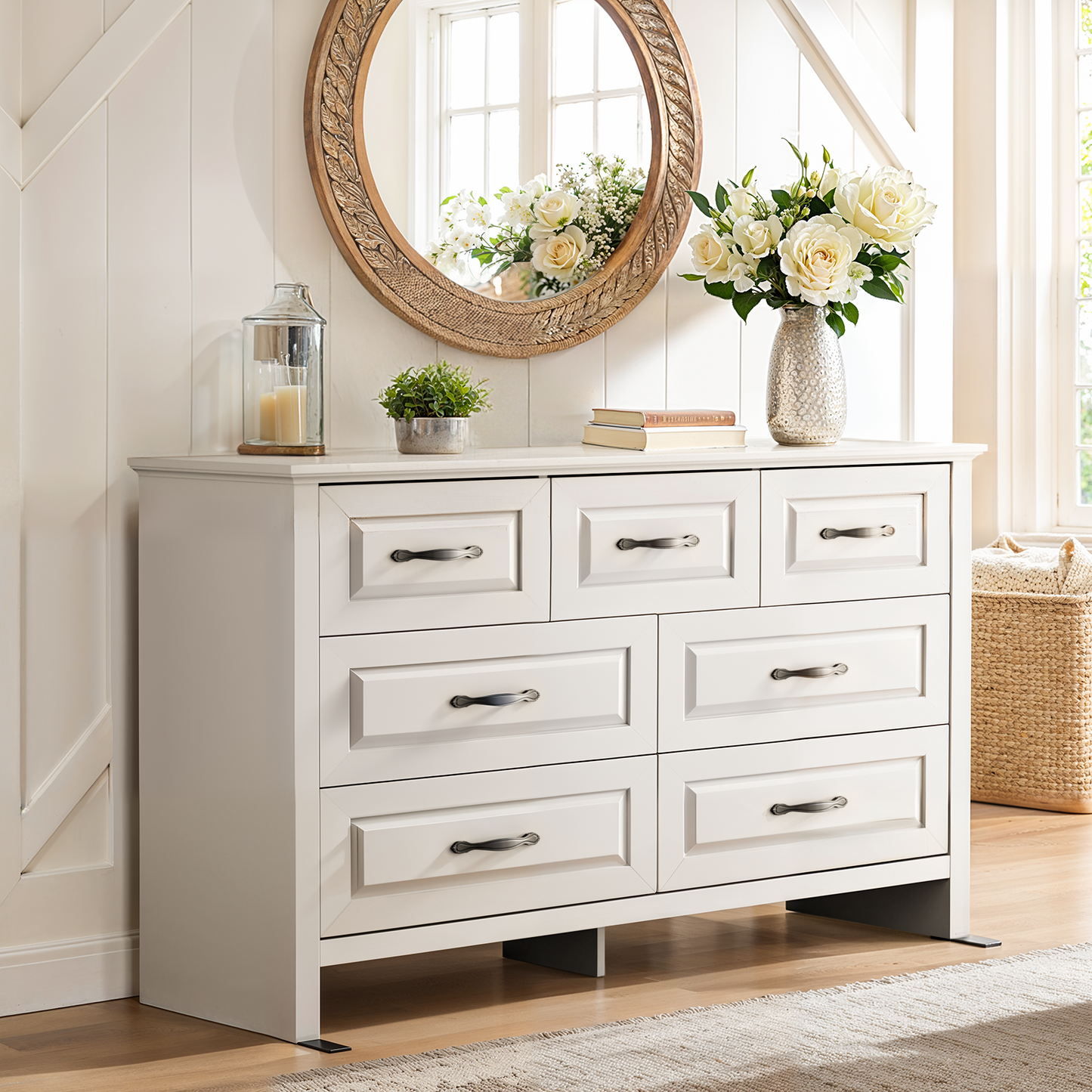 Farmhouse 7 Drawer Double Dresser for Bedroom, 47.2"W Contemporary Wood Chest of Drawer Storage Cabinet for Living Room, Hallway, Entryway, Nursery Room, White