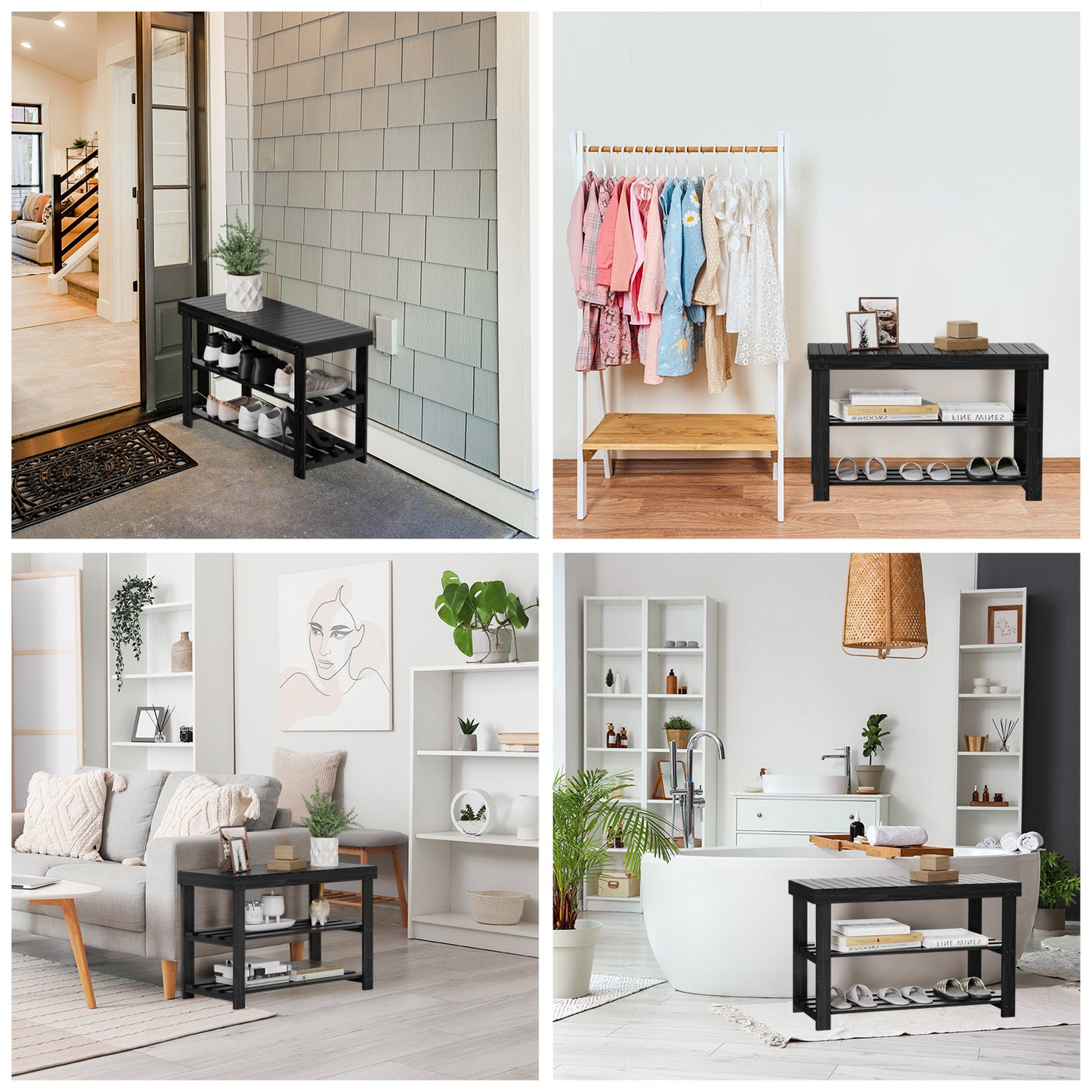 CHITOOMA 3 Tier Bamboo Shoe Storage Bench for Entryway,Wood Hallway Shoe Rack Shoe Organizer Shelf for Living Room Bedroom,Black