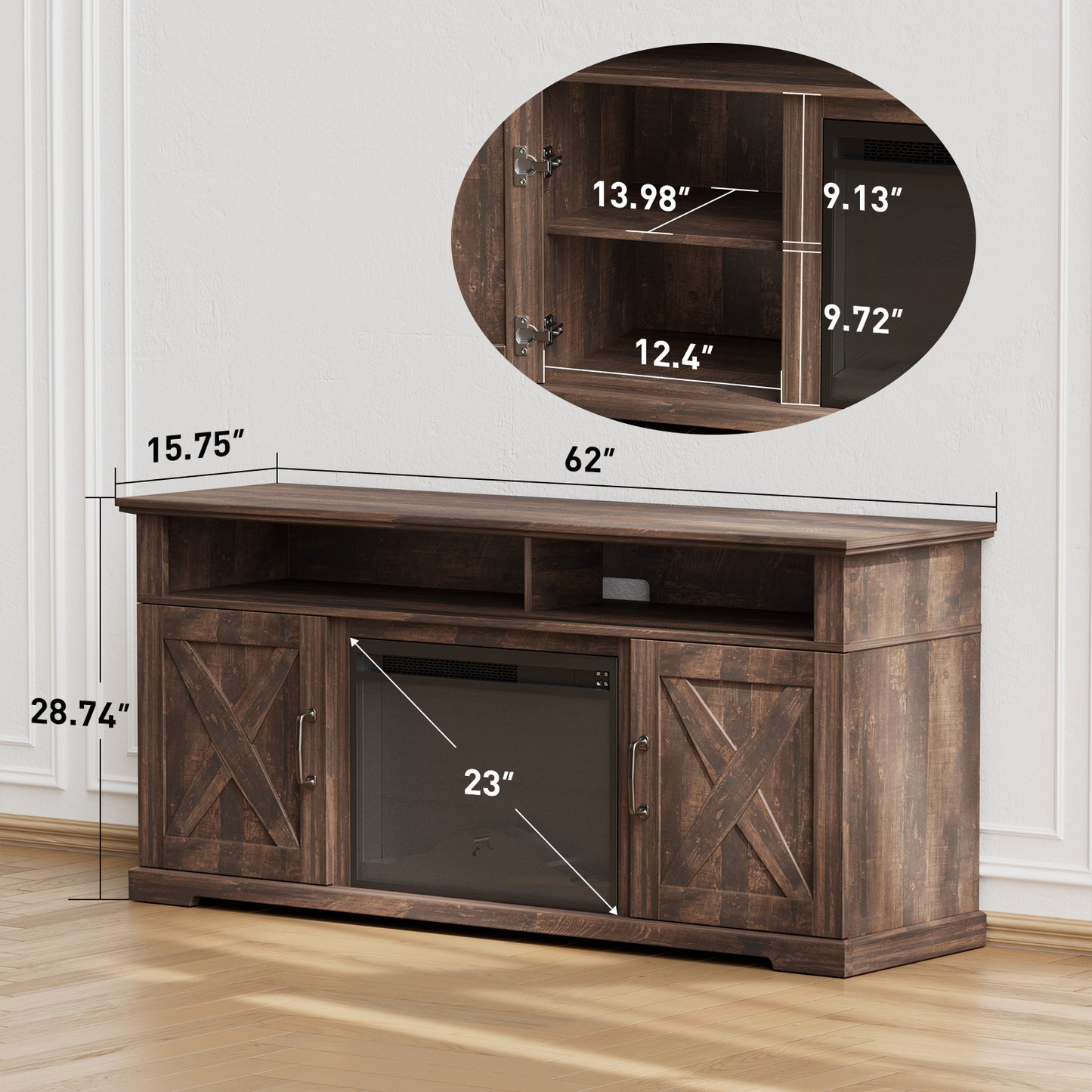 Electric Fireplace TV Stand for TVs up to 65", Farmhouse Entertainment Center with Fireplace, Vintage Brown