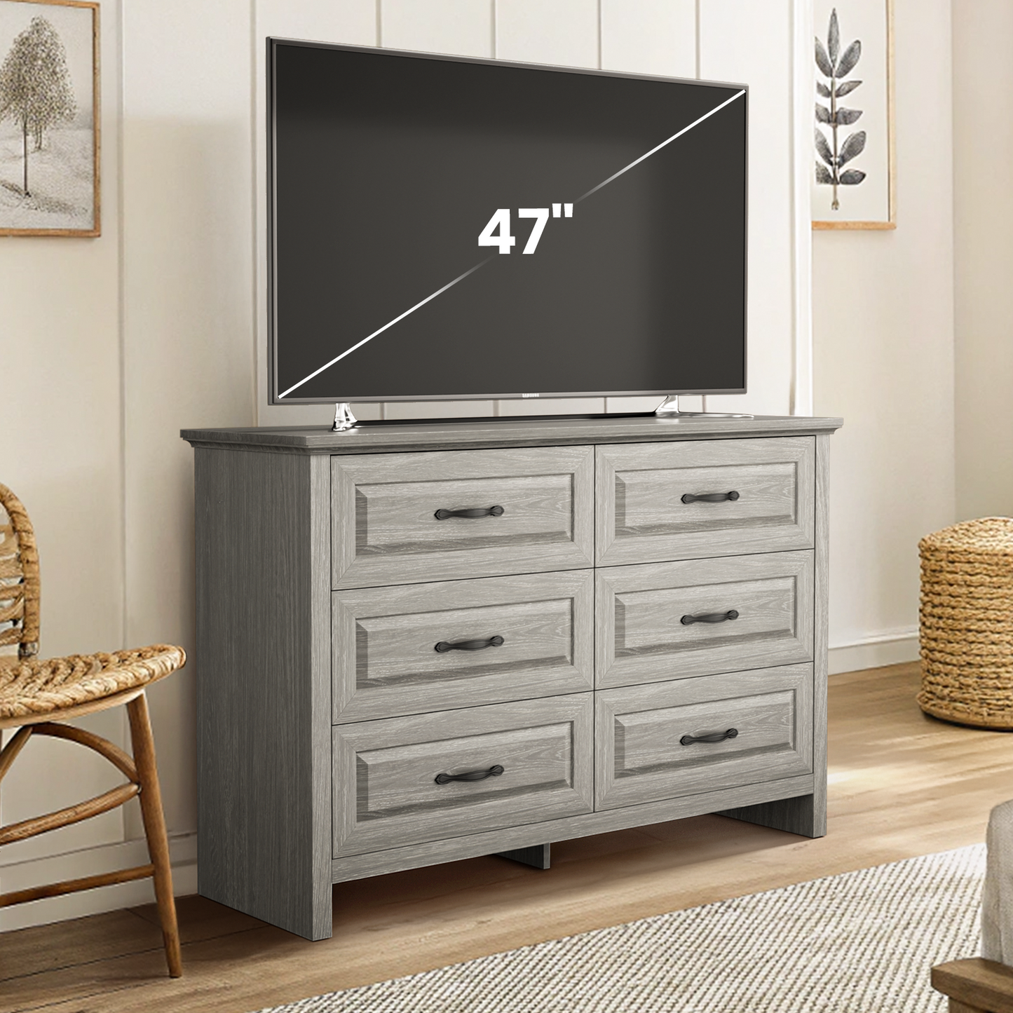 Farmhouse 6 Drawer Dresser for Bedroom, 47.2" Wide Double Dresser with Large Drawers, Wooden Chest of Drawers for Living Room, Hallway, Entryway, Nursery Room, Gray