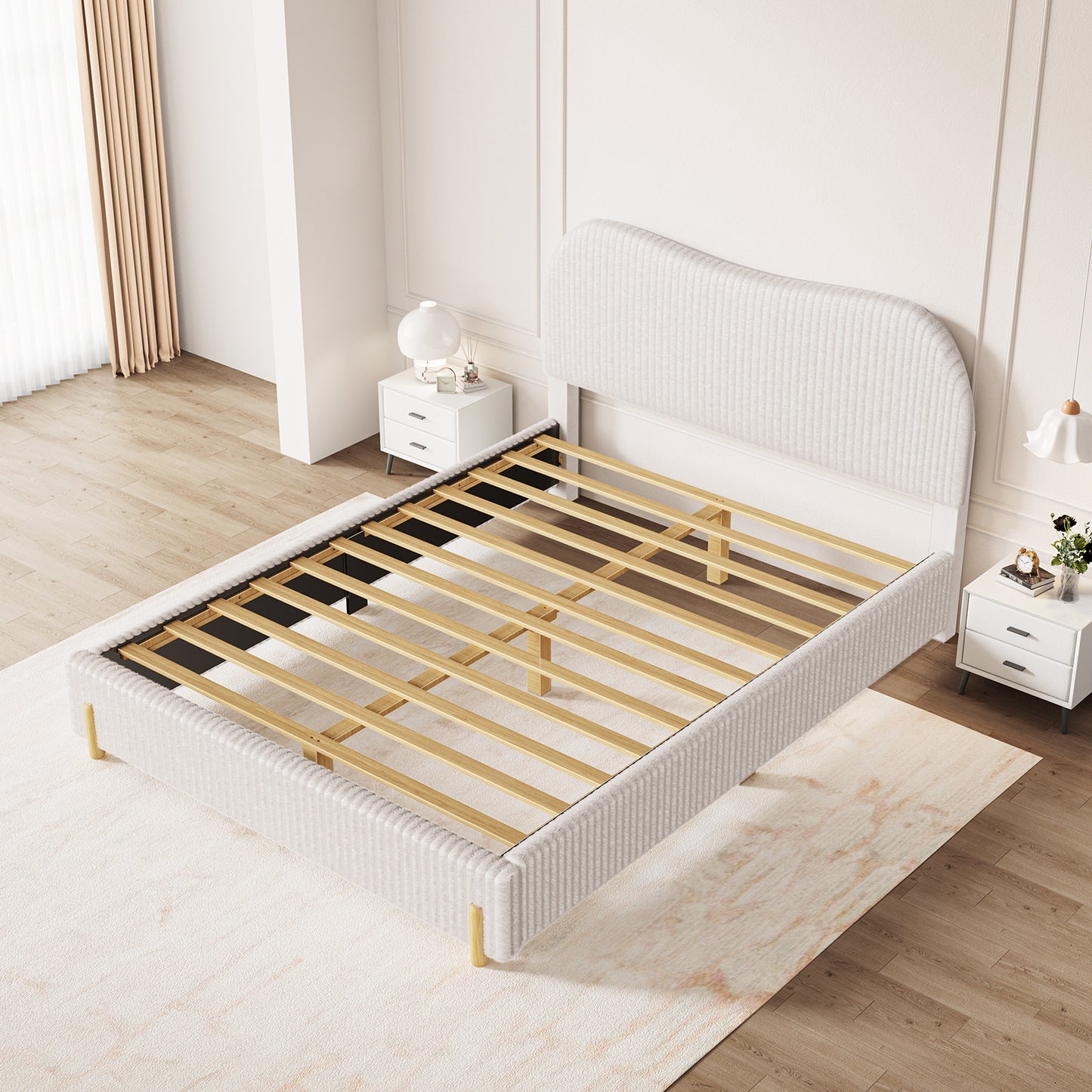 CHITOOMA Queen Bed Frame with Headboard, White Velvet Upholstered Platform Bed Frame Queen Size No Box Spring Needed, Noise-Free, Heavy Duty