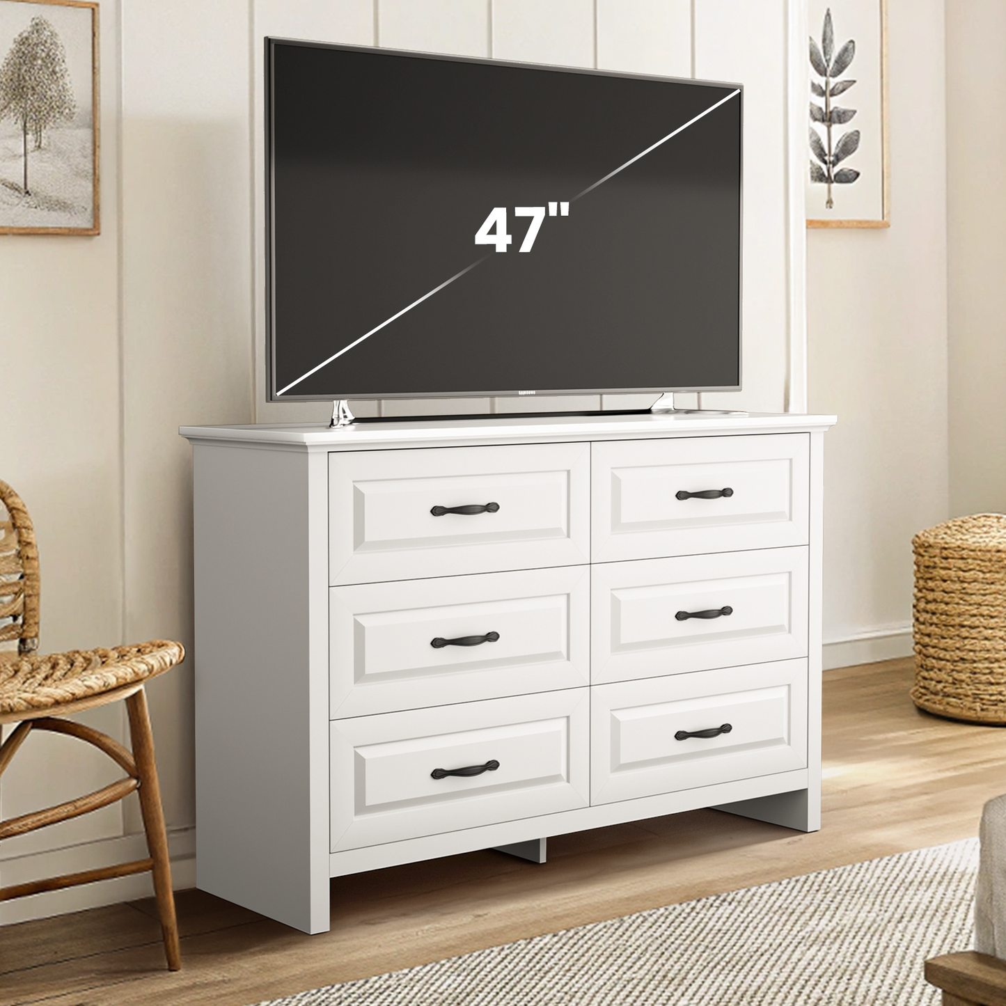 Farmhouse 6 Drawer Dresser for Bedroom, 47.2" Wide Double Dresser with Large Drawers, Wooden Chest of Drawers for Living Room, Hallway, Entryway, Nursery Room, White