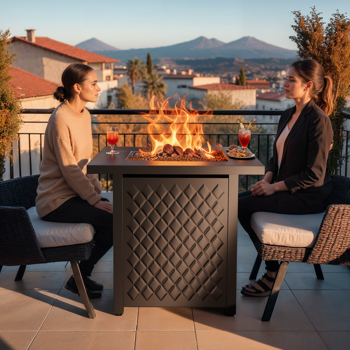 28" Propane Fire Pit Table with Lid and Rock, 60,000 BTU Gas Fire Pit for Outside Patio Garden Party
