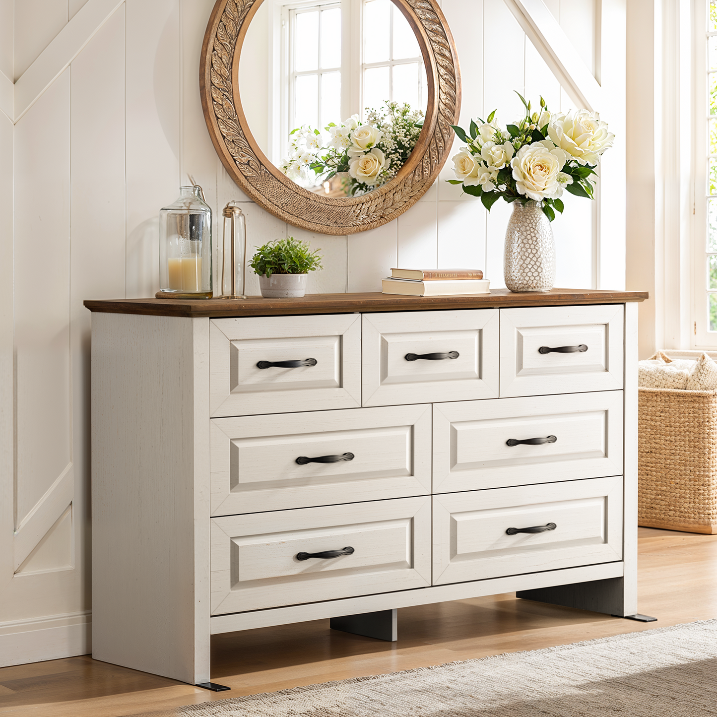 Farmhouse 7 Drawer Double Dresser for Bedroom, 47.2"W Contemporary Wood Chest of Drawer Storage Cabinet for Living Room, Hallway, Entryway, Nursery Room, White & Brown