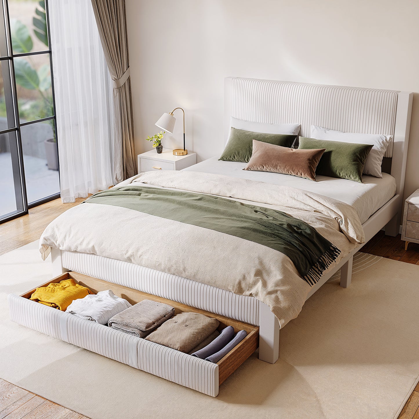 CHITOOMA Queen Bed Frame with Headboard, Velvet Upholstered Platform Bed Frame Queen Size with Storage Drawers, No Box Spring Needed, Heavy Duty, White