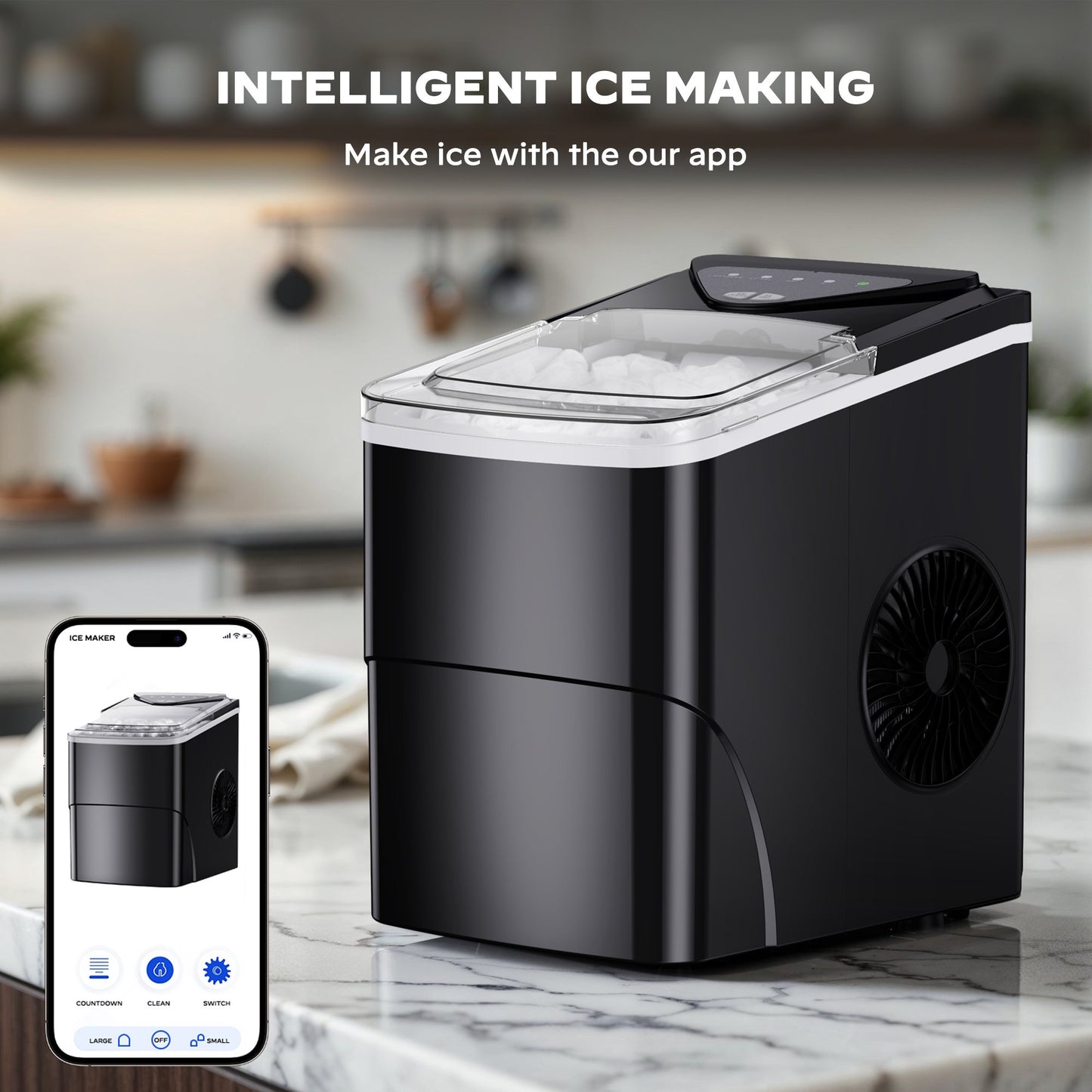 Philergo Smart Countertop Ice Maker with APP Control, 9Pcs/6Mins, 26lbs/24Hrs, 2 Ice Cube Sizes, Portable Bullet Ice Maker Self-Cleaning, Quiet Ice Maker Machine for Home KitcherOffice RV, Black
