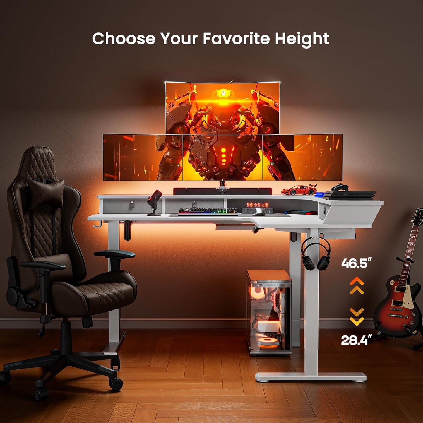 Kyspho 65'' L Shaped Standing Desk, Electric Height Adjustable Corner Computer Desk with 3 Drawers & 2 Cable Management Trays, Sit Stand Up Desk for Gaming Home Office, White