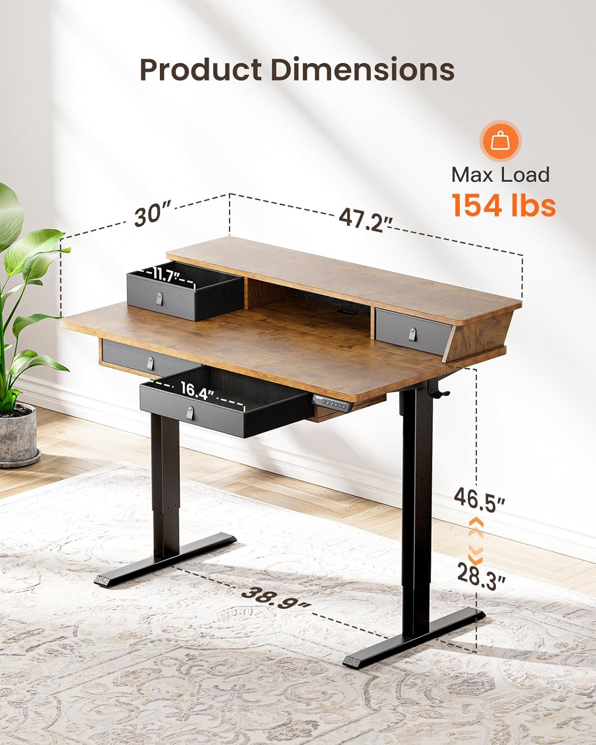 Kyspho 48″ x 30″ Standing Desk with Drawers, Electric Height Adjustable Sit Stand Desk with Storage Shelf, 4 Memory Preset Computer Desk with Cable Management Tray for Home Office, Brown