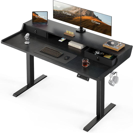 Kyspho 55″ x 28″ Electric Standing Desk with Drawers, Height Adjustable Gaming Desk with Monitor Stand & Storage Shelf, 4 Preset Heights for Home Office, Black