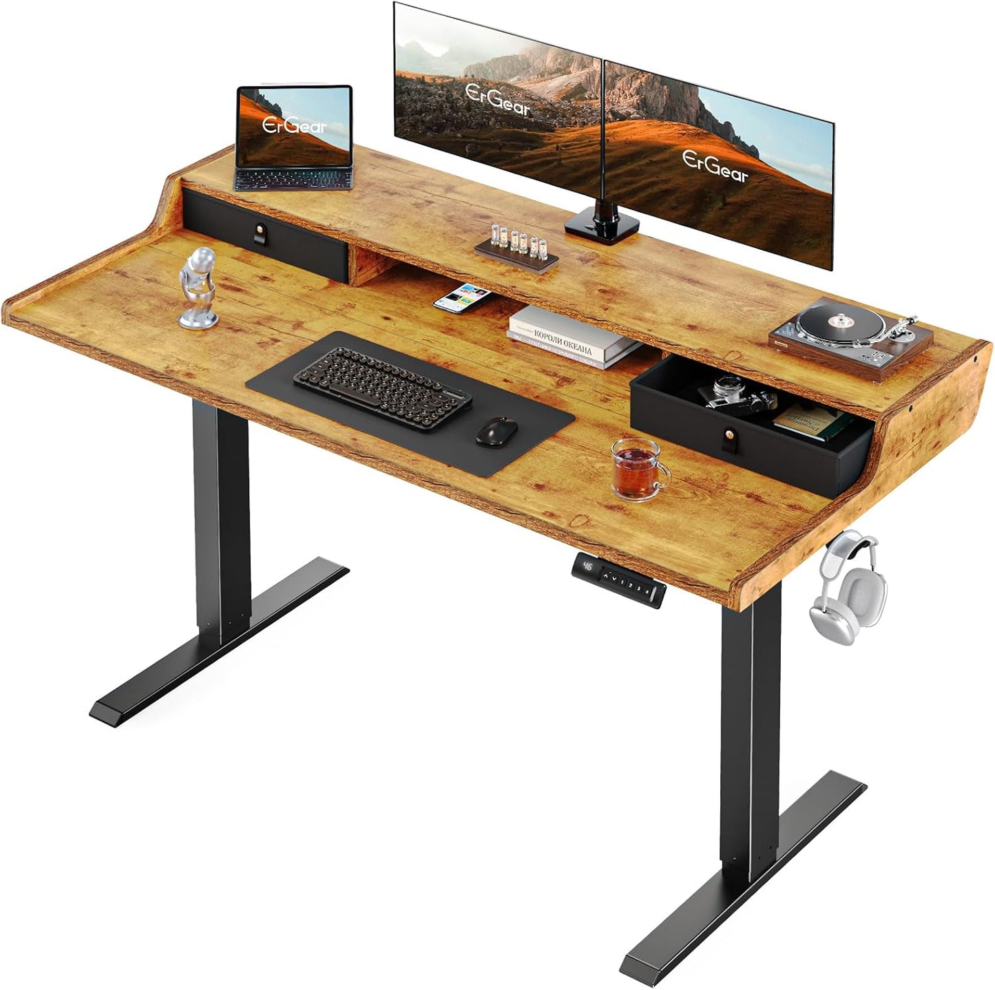 Kyspho 55″ x 28″ Electric Standing Desk with Drawers, Height Adjustable Gaming Desk with Monitor Stand & Storage Shelf, 4 Preset Heights for Home Office, Brown