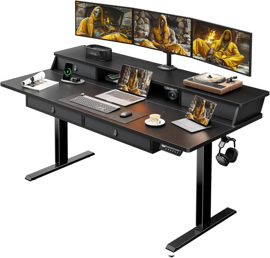 Kyspho 63″ x 30″ Standing Desk with Drawers, Electric Height Adjustable Sit Stand Desk with Storage Shelf, 4 Memory Preset Computer Desk with Cable Management Tray for Home Office, Black