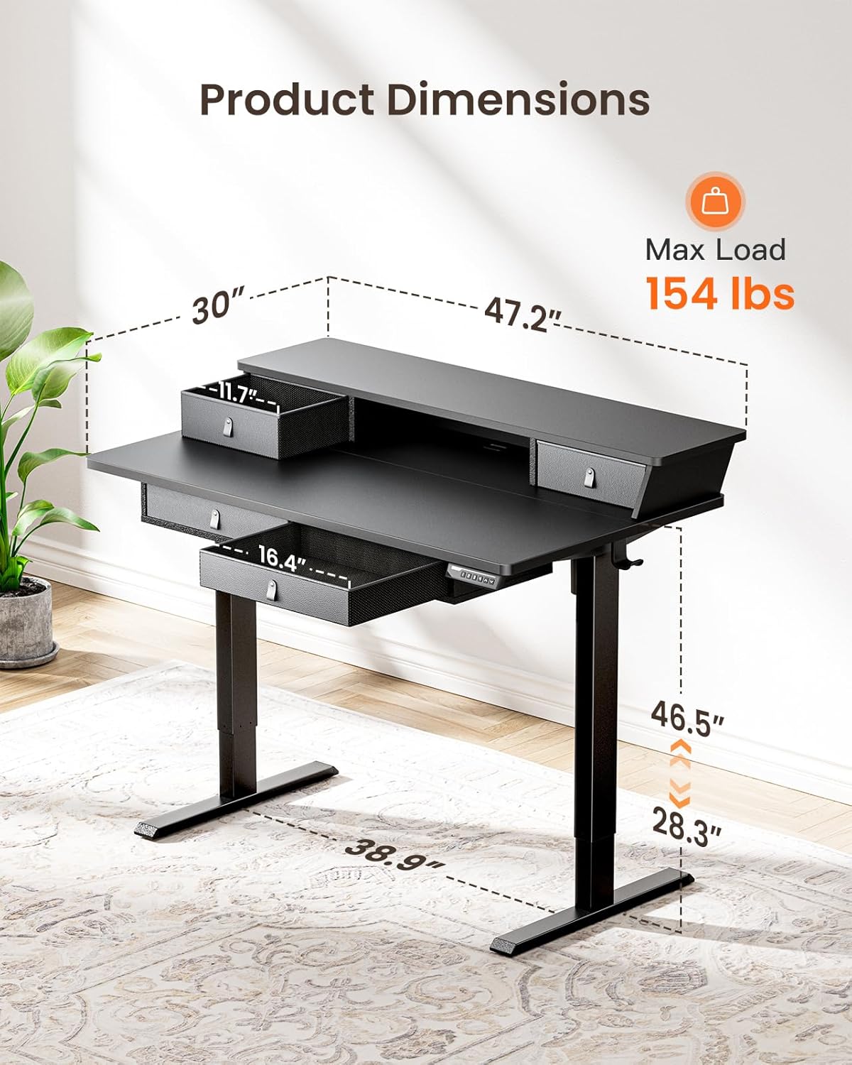 Kyspho 48″ x 30″ Standing Desk with Drawers, Electric Height Adjustable Sit Stand Desk with Storage Shelf, 4 Memory Preset Computer Desk with Cable Management Tray for Home Office, Black