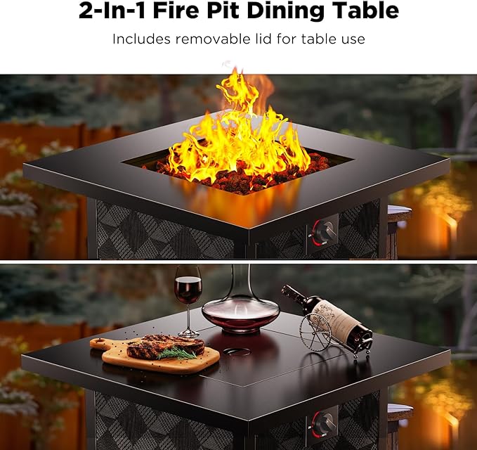 28" Gas Fire Pit Table for Outside 50000 BTU Propane Fire Pit with Lid and Lava Rocks