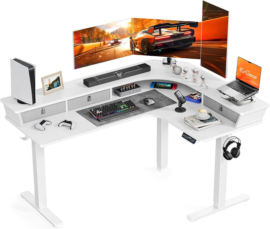 Kyspho 65'' L Shaped Standing Desk, Electric Height Adjustable Corner Computer Desk with 3 Drawers & 2 Cable Management Trays, Sit Stand Up Desk for Gaming Home Office, White