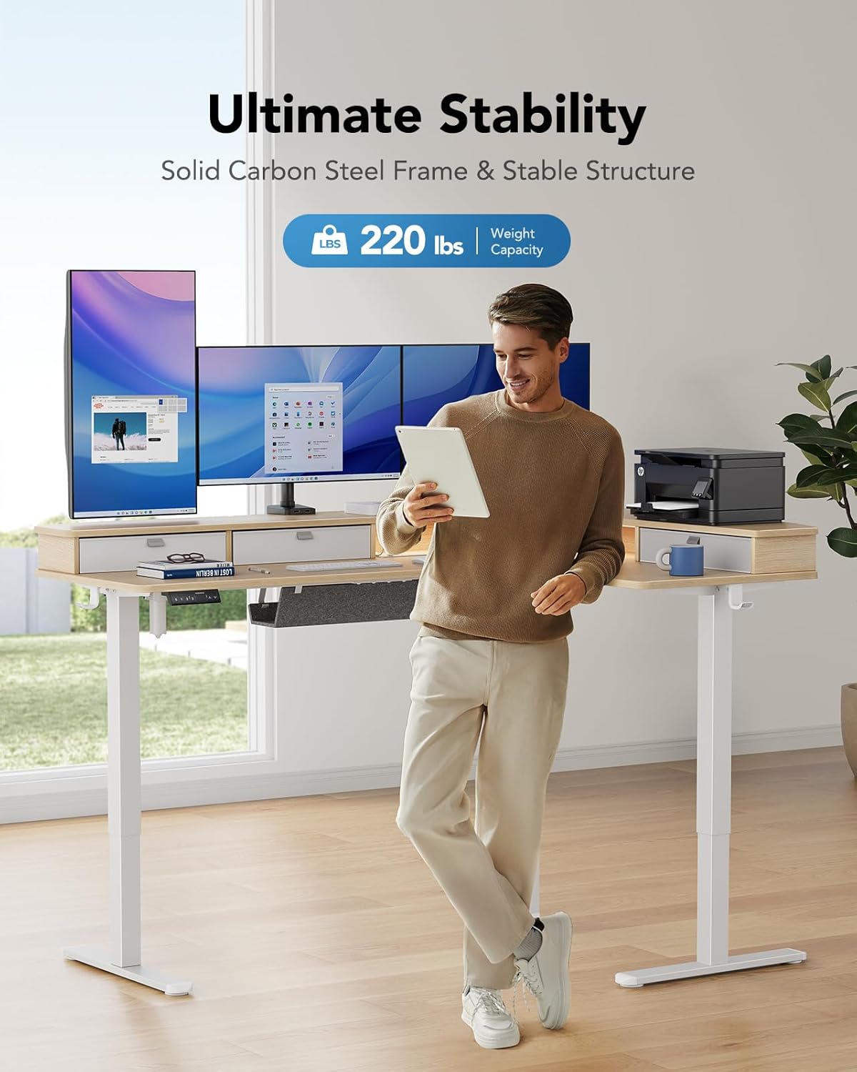 Kyspho 65″ L-Shaped Standing Desk, Electric Height Adjustable Corner Computer Desk with Power Outlets & LED Strip, Sit Stand Up Desk with with 3 Drawers for Home Office, Oak