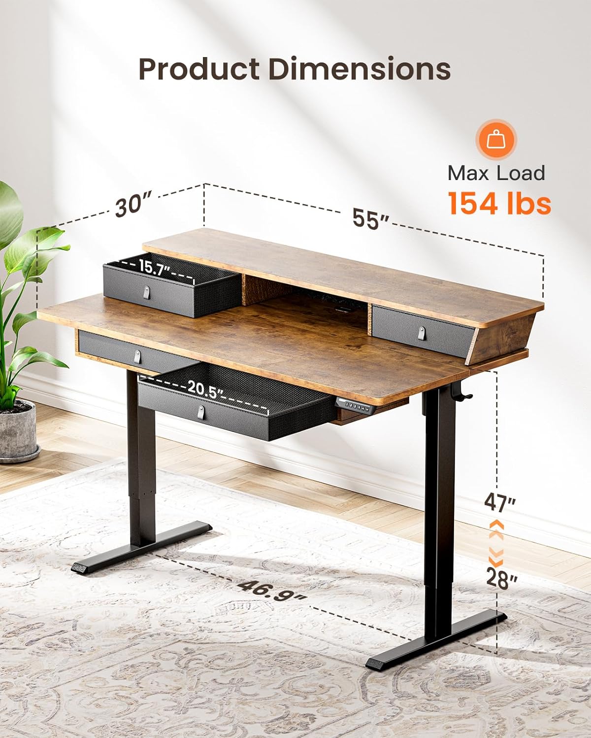 Kyspho 55″ x 30″ Standing Desk with Drawers, Electric Height Adjustable Sit Stand Desk with Storage Shelf, 4 Memory Preset Computer Desk with Cable Management Tray for Home Office, Brown