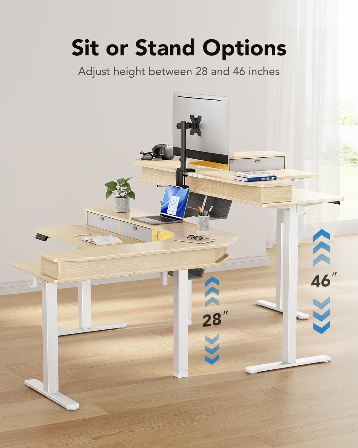 Kyspho 65″ L-Shaped Standing Desk, Electric Height Adjustable Corner Computer Desk with Power Outlets & LED Strip, Sit Stand Up Desk with with 3 Drawers for Home Office, Oak