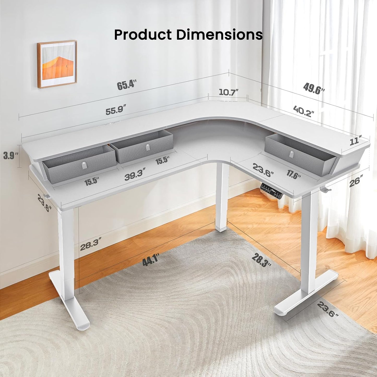 Kyspho 65'' L Shaped Standing Desk, Electric Height Adjustable Corner Computer Desk with 3 Drawers & 2 Cable Management Trays, Sit Stand Up Desk for Gaming Home Office, White