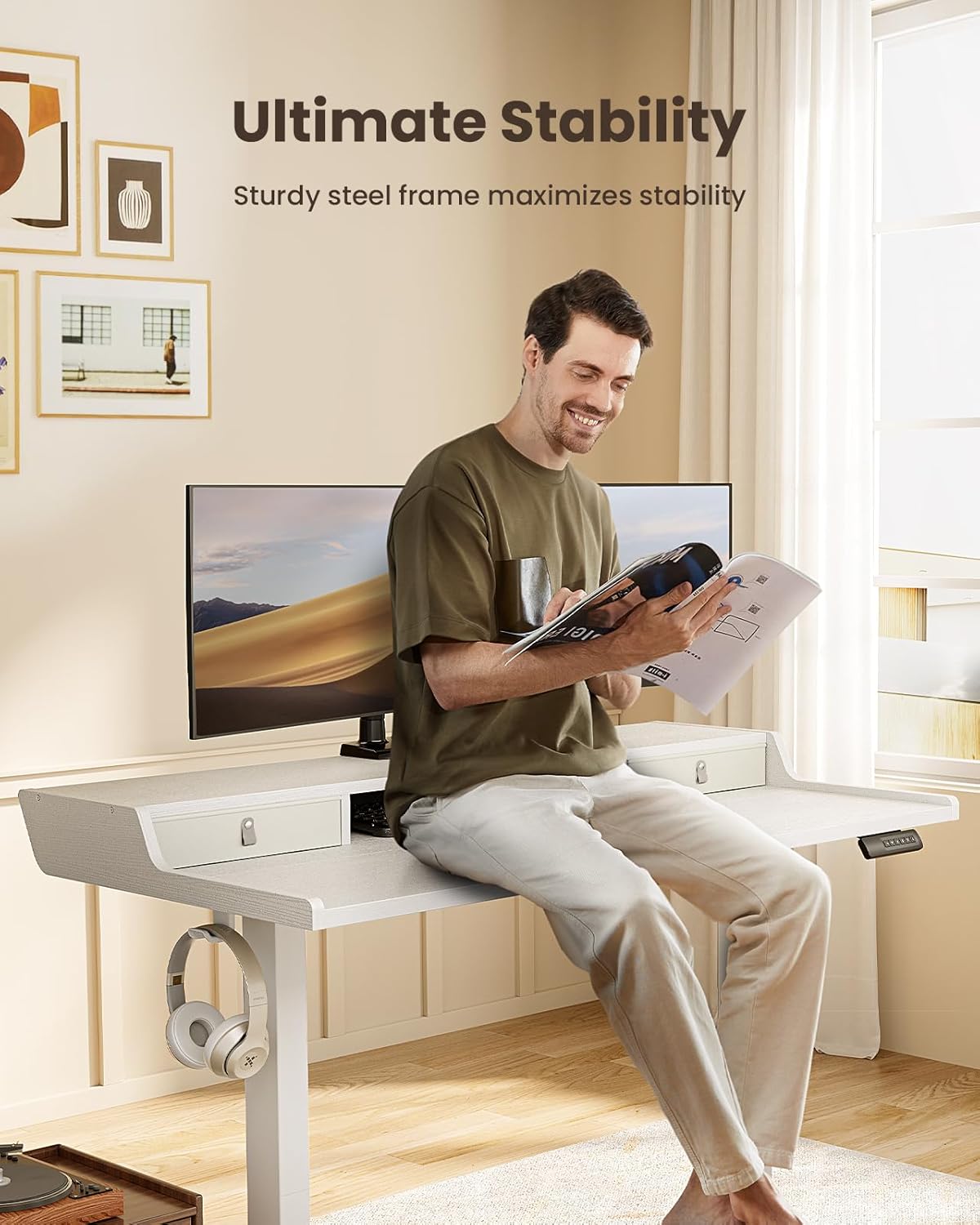 CHITOOMA 55″ x 28″ Electric Standing Desk with Drawers, Height Adjustable Gaming Desk with Monitor Stand & Storage Shelf, 4 Preset Heights for Home Office, White