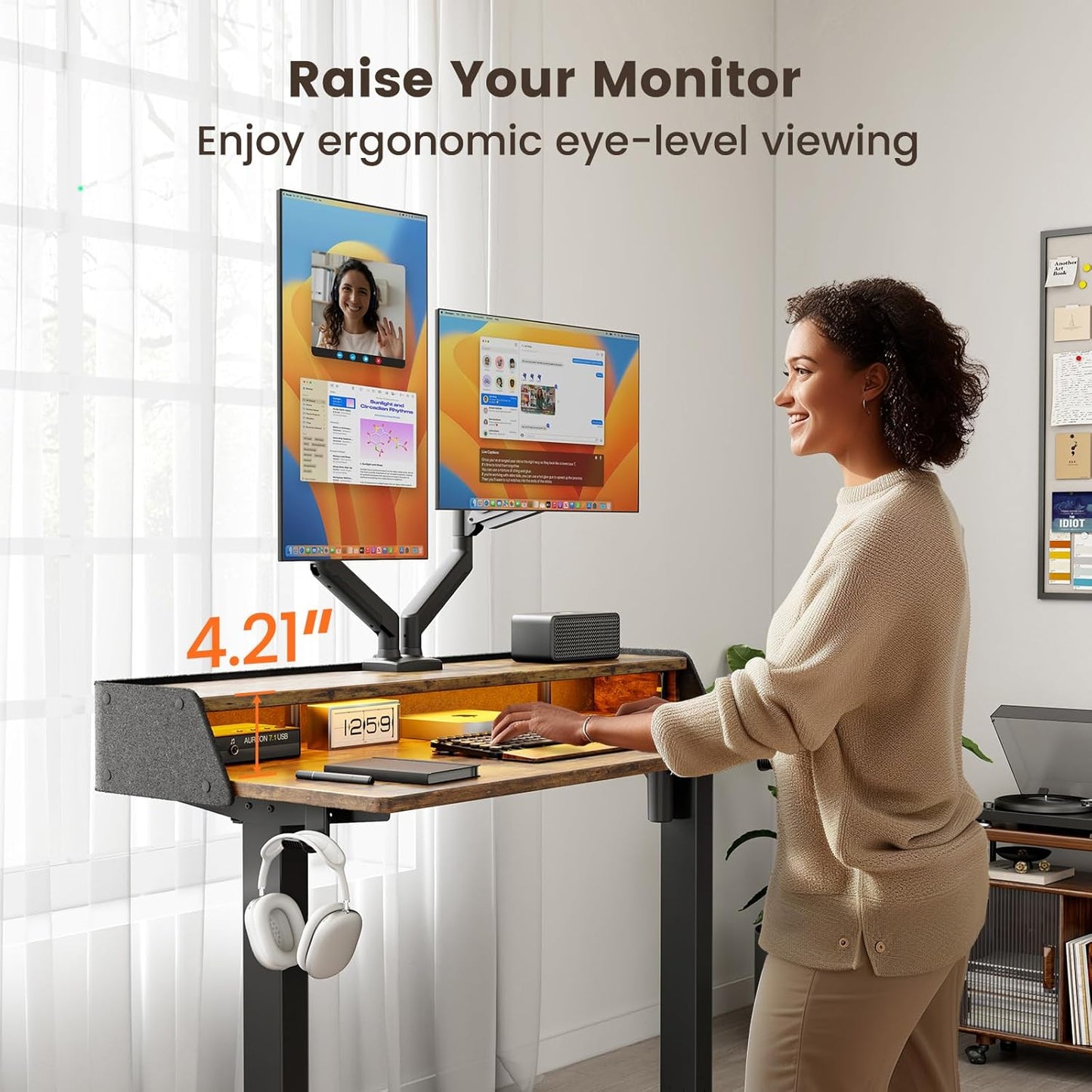 Kyspho 55″ x 28″ Electric Standing Desk with LED, Height Adjustable RGB Gaming Desk with Storage Shelf, Sit Stand Desk with Dual Cable Holes, 4 Preset Heights for Home Office, Brown
