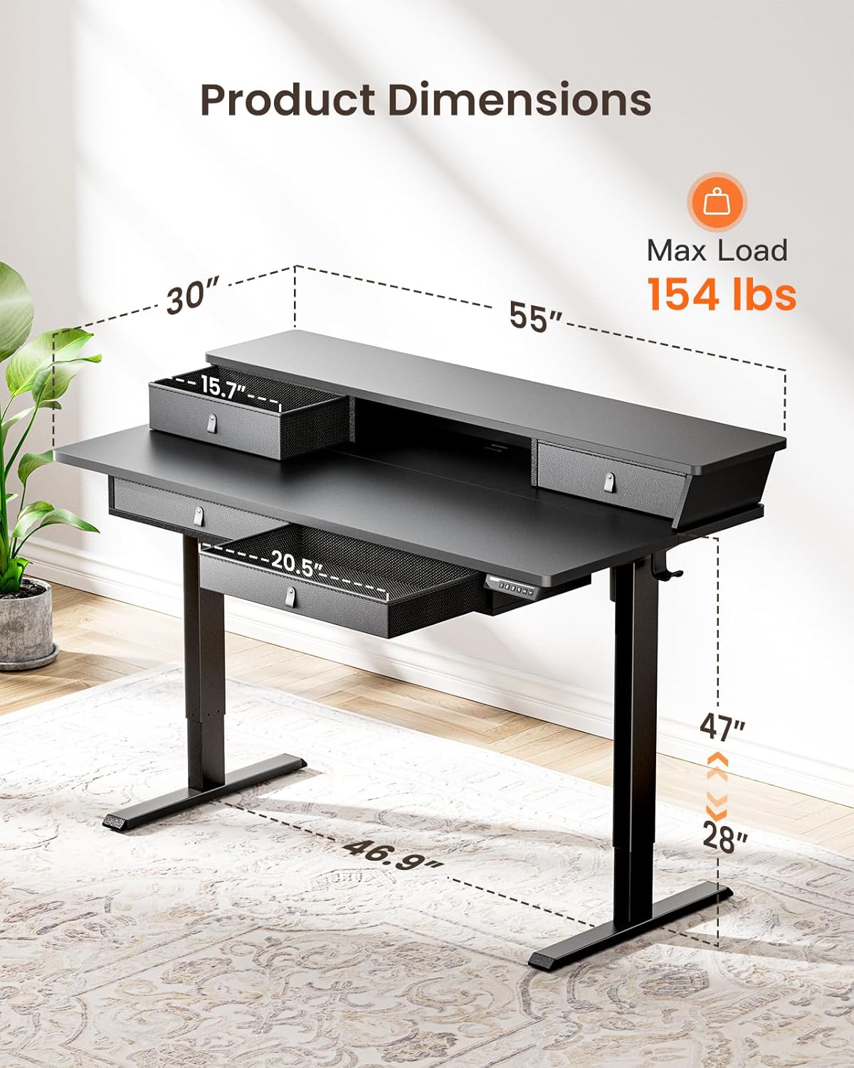 Kyspho 55″ x 30″ Standing Desk with Drawers, Electric Height Adjustable Sit Stand Desk with Storage Shelf, 4 Memory Preset Computer Desk with Cable Management Tray for Home Office, Black