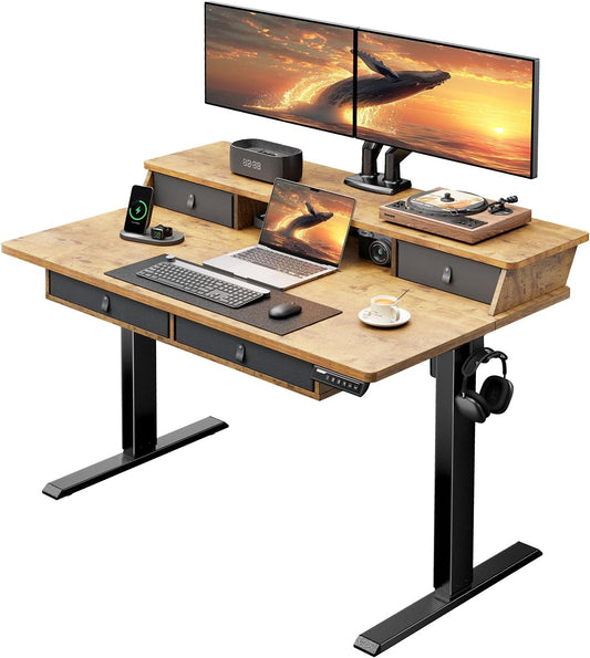 Kyspho 48″ x 30″ Standing Desk with Drawers, Electric Height Adjustable Sit Stand Desk with Storage Shelf, 4 Memory Preset Computer Desk with Cable Management Tray for Home Office, Brown