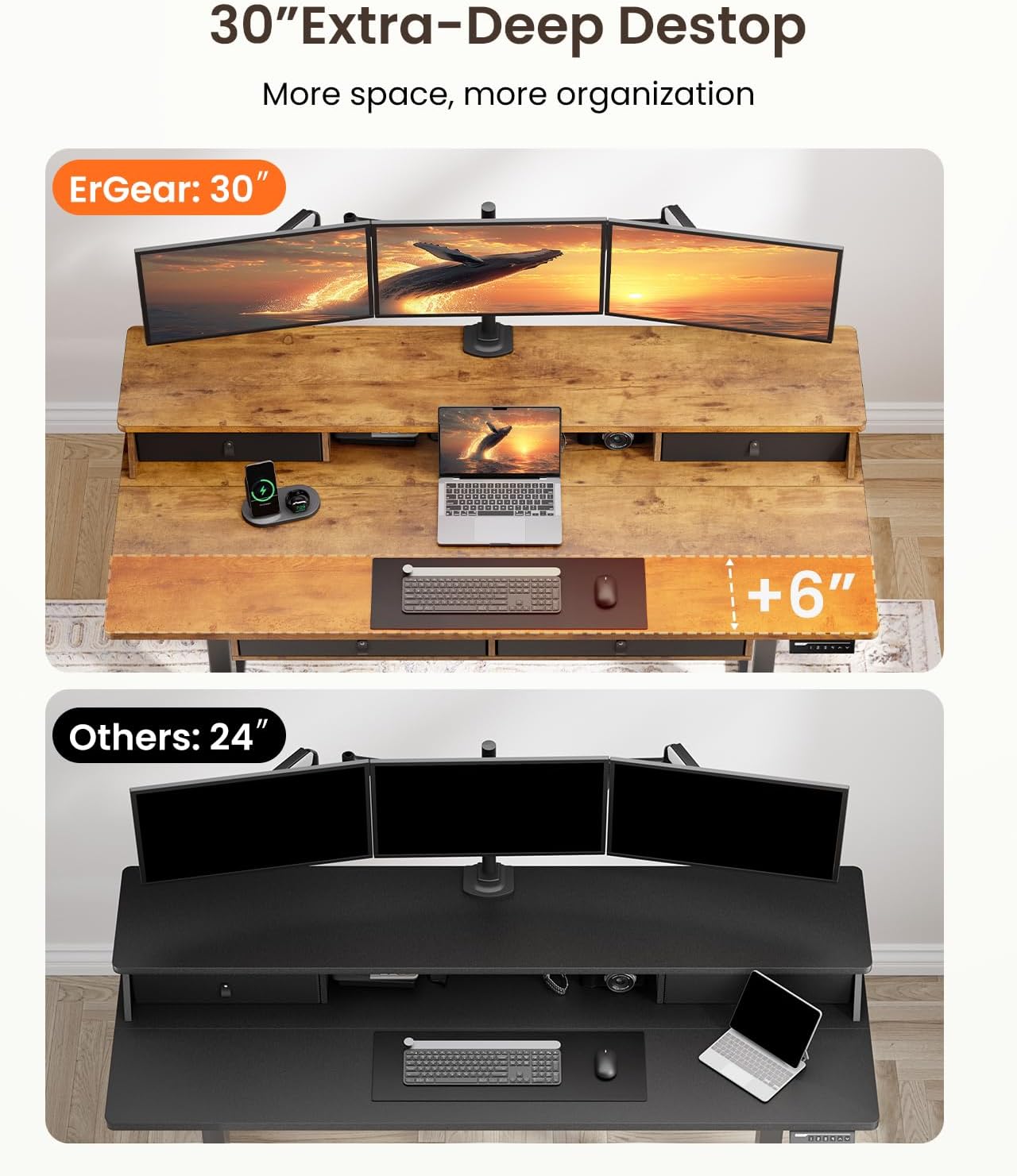 Kyspho 48″ x 30″ Standing Desk with Drawers, Electric Height Adjustable Sit Stand Desk with Storage Shelf, 4 Memory Preset Computer Desk with Cable Management Tray for Home Office, Brown