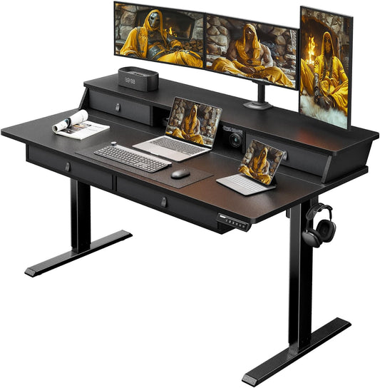 Kyspho 55″ x 30″ Standing Desk with Drawers, Electric Height Adjustable Sit Stand Desk with Storage Shelf, 4 Memory Preset Computer Desk with Cable Management Tray for Home Office, Black