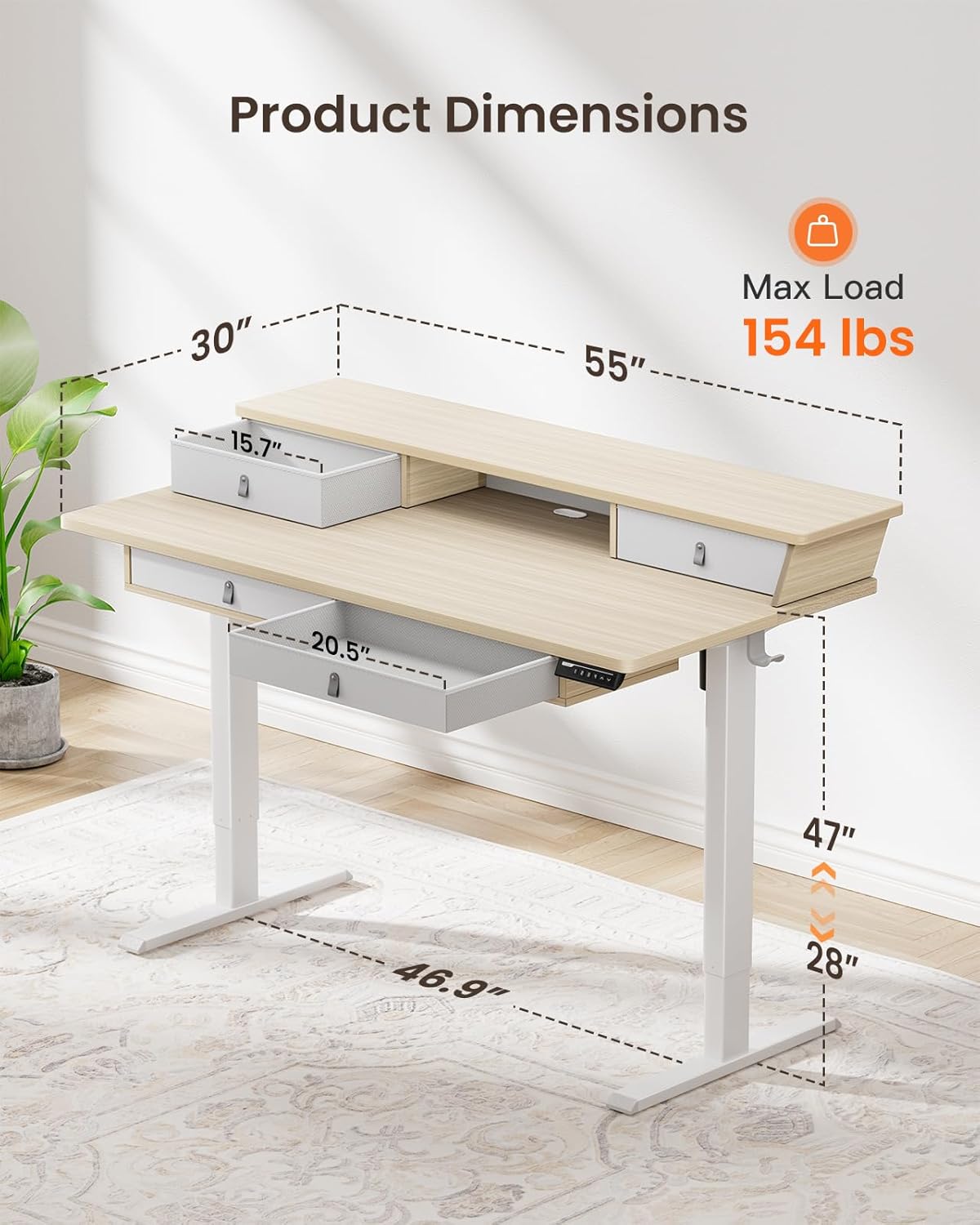 Kyspho 55″ x 30″ Standing Desk with Drawers, Electric Height Adjustable Sit Stand Desk with Storage Shelf, 4 Memory Preset Computer Desk with Cable Management Tray for Home Office, Oak