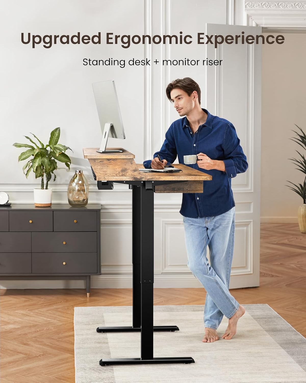 Kyspho 48″ x 30″ Standing Desk with Drawers, Electric Height Adjustable Sit Stand Desk with Storage Shelf, 4 Memory Preset Computer Desk with Cable Management Tray for Home Office, Brown