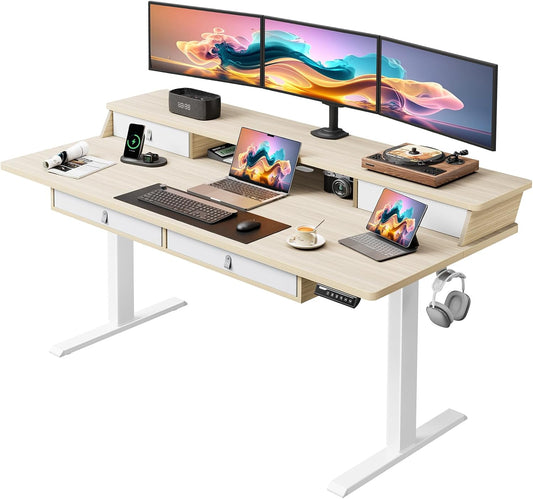 Kyspho 63″ x 30″ Standing Desk with Drawers, Electric Height Adjustable Sit Stand Desk with Storage Shelf, 4 Memory Preset Computer Desk with Cable Management Tray for Home Office, Oak