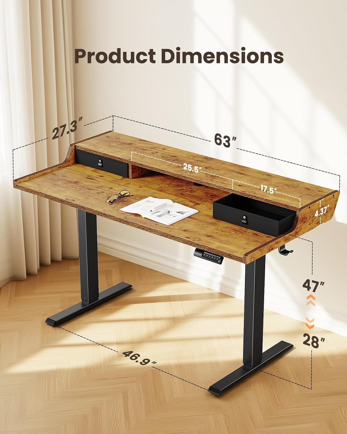 CHITOOMA 63″ x 28″ Electric Standing Desk with Drawers, Height Adjustable Gaming Desk with Monitor Stand & Storage Shelf, 4 Preset Heights for Home Office, Brown
