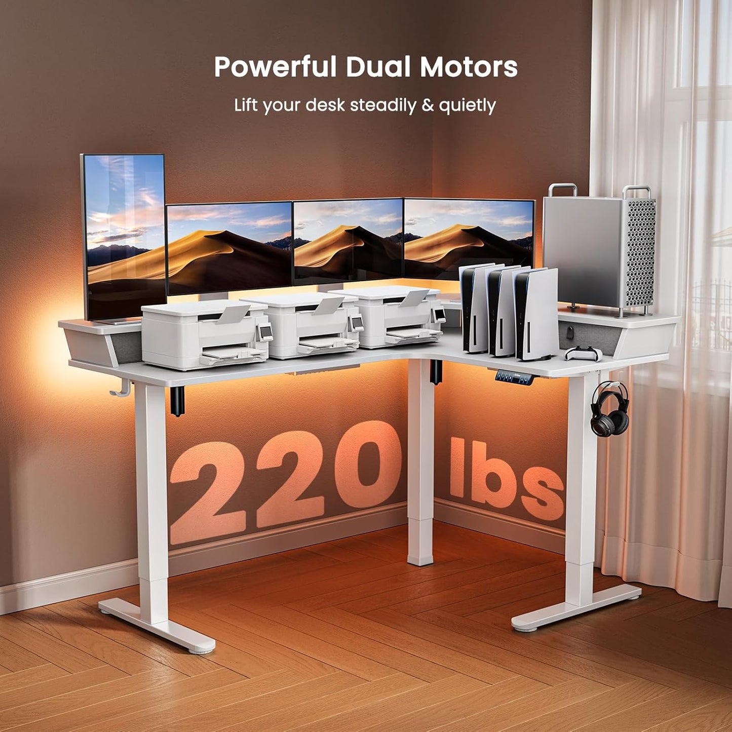 Kyspho 65'' L Shaped Standing Desk, Electric Height Adjustable Corner Computer Desk with 3 Drawers & 2 Cable Management Trays, Sit Stand Up Desk for Gaming Home Office, White