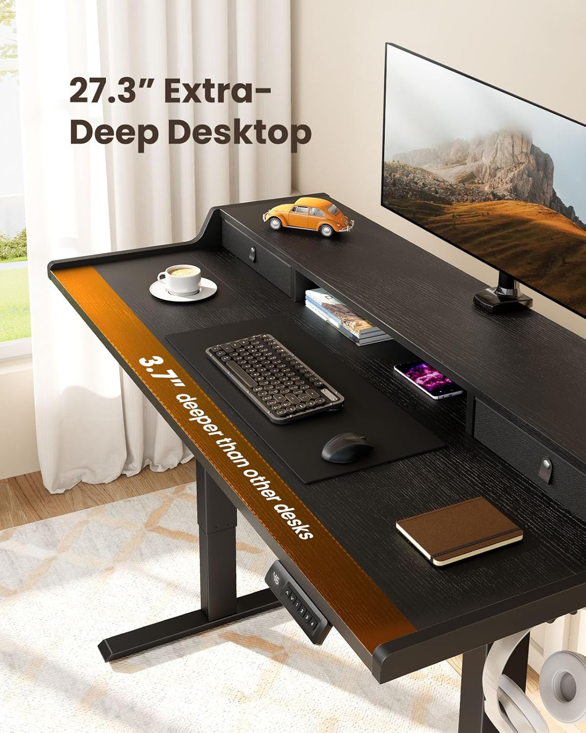 CHITOOMA 63″ x 28″ Electric Standing Desk with Drawers, Height Adjustable Gaming Desk with Monitor Stand & Storage Shelf, 4 Preset Heights for Home Office, Black