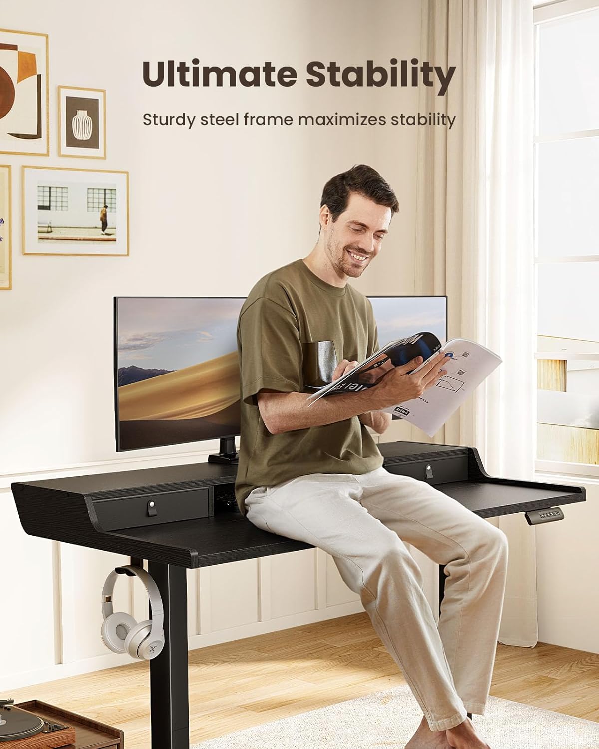 CHITOOMA 63″ x 28″ Electric Standing Desk with Drawers, Height Adjustable Gaming Desk with Monitor Stand & Storage Shelf, 4 Preset Heights for Home Office, Black