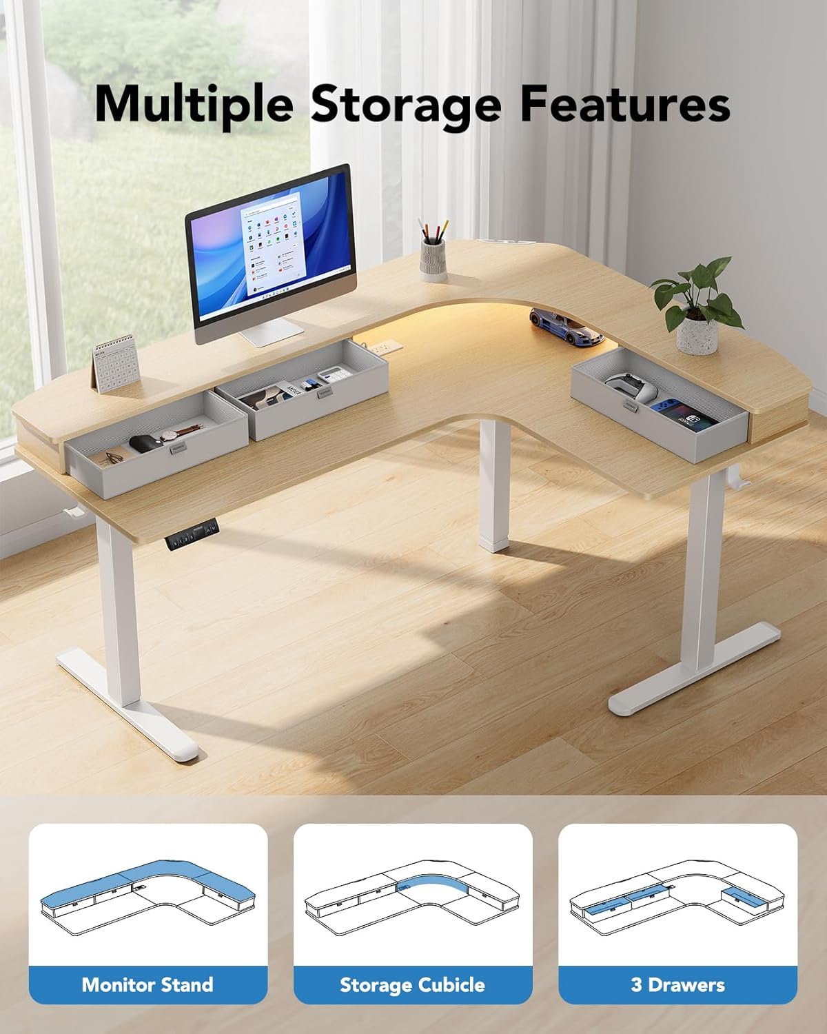 Kyspho 65″ L-Shaped Standing Desk, Electric Height Adjustable Corner Computer Desk with Power Outlets & LED Strip, Sit Stand Up Desk with with 3 Drawers for Home Office, Oak
