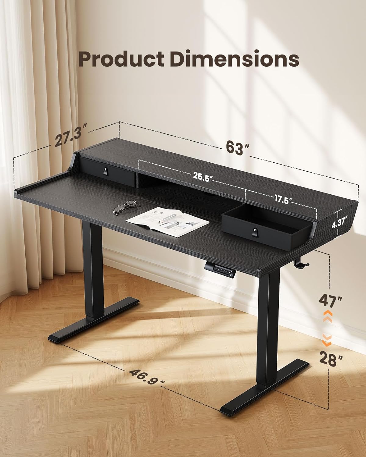 CHITOOMA 63″ x 28″ Electric Standing Desk with Drawers, Height Adjustable Gaming Desk with Monitor Stand & Storage Shelf, 4 Preset Heights for Home Office, Black
