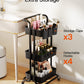 3-Tier Metal Rolling Cart Utility Cart Storage Cart with Lockable Wheels, 3 Hanging Cups & 4 Hooks for Office, Kitchen, Black