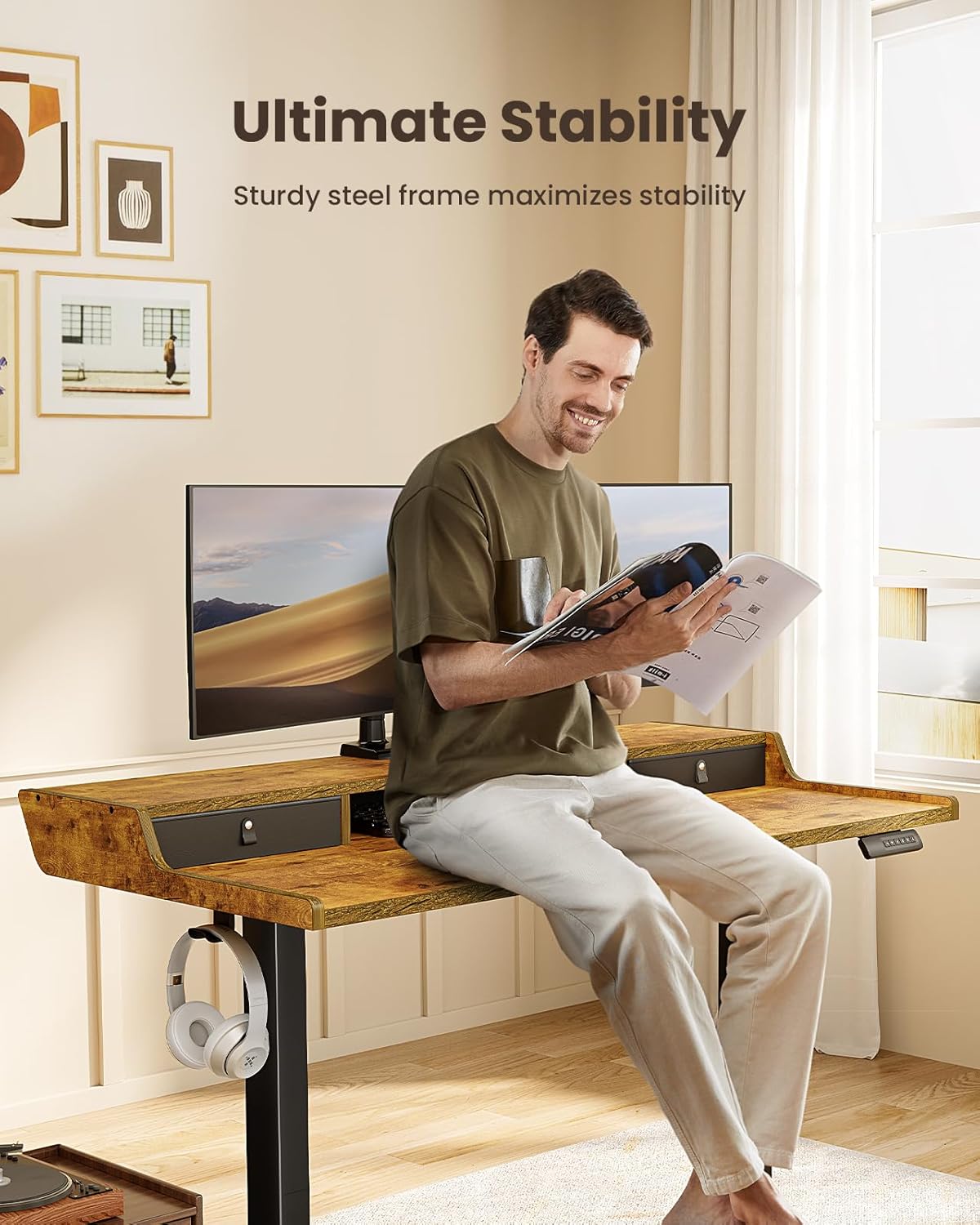 CHITOOMA Electric Standing Desk with Drawers, 40″ x 24″ Height Adjustable Stand up Desk with Storage Shelf, Gaming Desk Compatible Monitor Stand, 4 Preset Heights for Home Office, Brown
