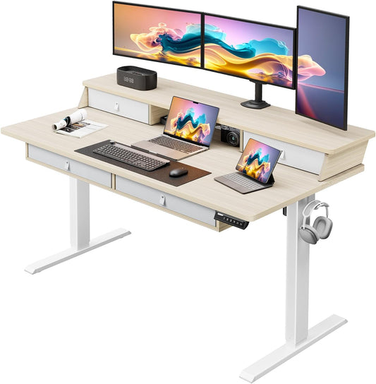 Kyspho 55″ x 30″ Standing Desk with Drawers, Electric Height Adjustable Sit Stand Desk with Storage Shelf, 4 Memory Preset Computer Desk with Cable Management Tray for Home Office, Oak