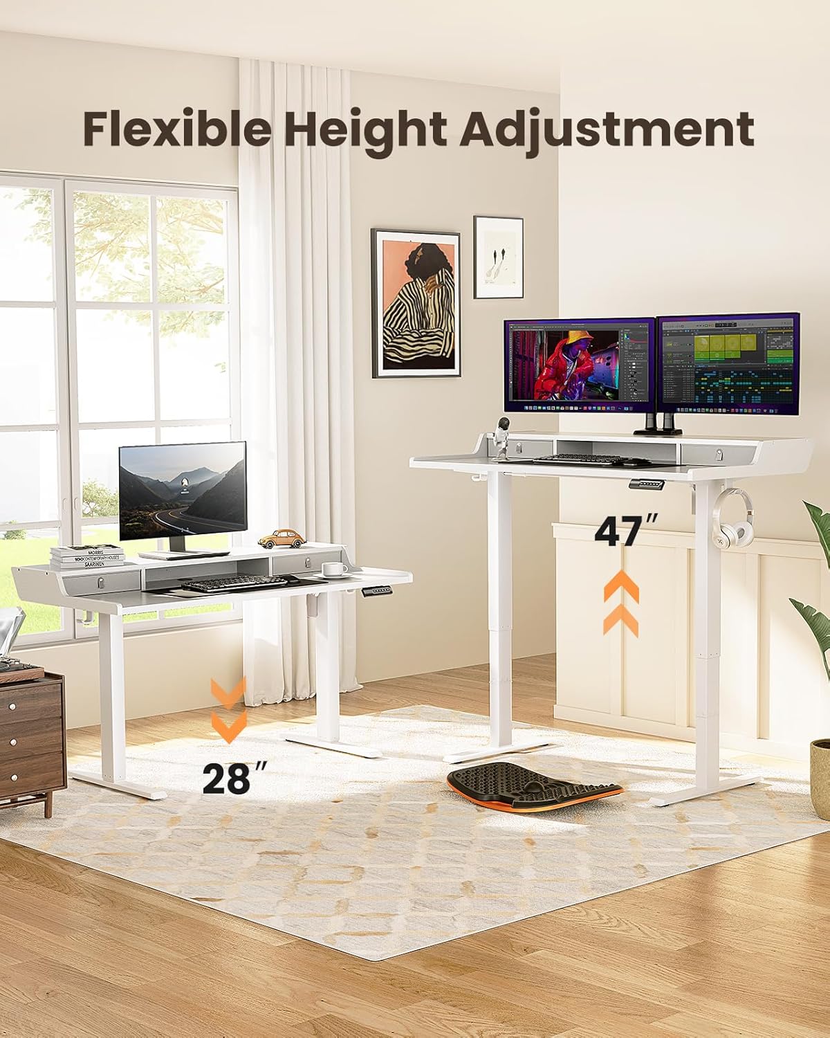 CHITOOMA 55″ x 28″ Electric Standing Desk with Drawers, Height Adjustable Gaming Desk with Monitor Stand & Storage Shelf, 4 Preset Heights for Home Office, White
