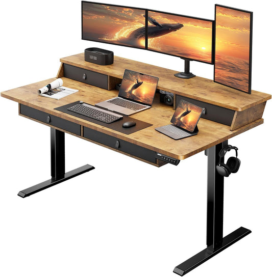 Kyspho 55″ x 30″ Standing Desk with Drawers, Electric Height Adjustable Sit Stand Desk with Storage Shelf, 4 Memory Preset Computer Desk with Cable Management Tray for Home Office, Brown