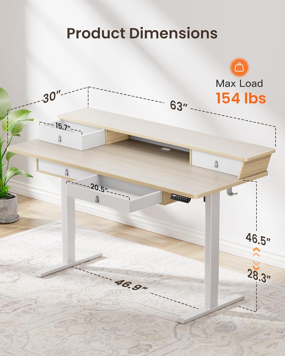Kyspho 63″ x 30″ Standing Desk with Drawers, Electric Height Adjustable Sit Stand Desk with Storage Shelf, 4 Memory Preset Computer Desk with Cable Management Tray for Home Office, Oak