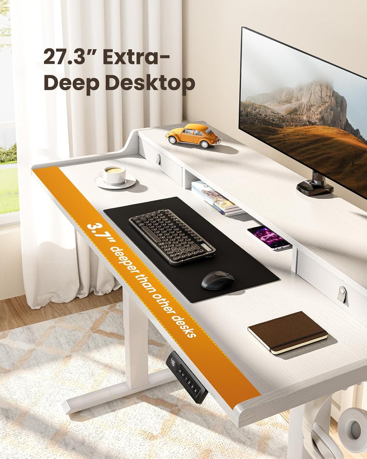 CHITOOMA 55″ x 28″ Electric Standing Desk with Drawers, Height Adjustable Gaming Desk with Monitor Stand & Storage Shelf, 4 Preset Heights for Home Office, White