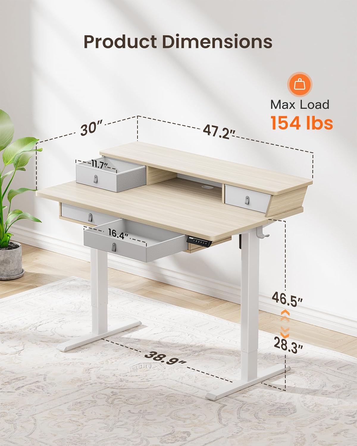 Kyspho 48″ x 30″ Standing Desk with Drawers, Electric Height Adjustable Sit Stand Desk with Storage Shelf, 4 Memory Preset Computer Desk with Cable Management Tray for Home Office, Oak